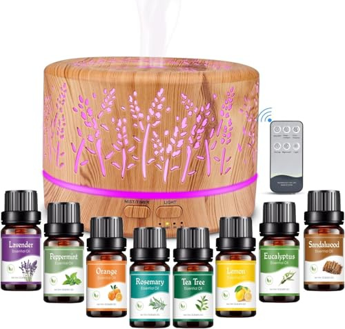 500ml Humidificateur d'air Diffuseur avec huiles essentielles 8X 10ml Set