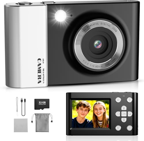 Cámara digital 4K 64MP FHD cámara fotográfica para niños, zoom digital de 18 x cámara compacta con pantalla de 2,4 pulgadas, antivibración, flash LED, tarjeta SD de 32 GB, cámara de fotos para niños