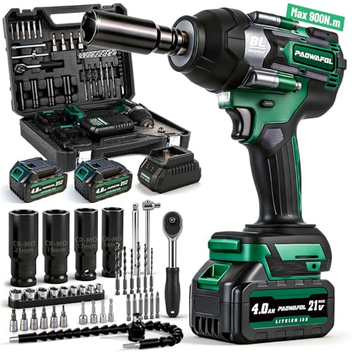 PAOWAFOL Impact Wrench 665 Ft-lbs(900N.m) 2200IPM, 1/2 Impact Gun with 21V 2x4.0AH Battery, Power Impact Driver 22 Drill Bits & 4 Sockets, Cordless Ratchet Wrench Set Gifts for Men Car Tire Lug Nut