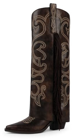 QIY Womens Cowboy Boots Retro Brown Fringe Knee High Boots for Women Cow Boy Fold Over Cowgirl Western Boot with Tassels Embroidered Classic Pointed Toe Chunky Heel Long Shark Boot Size 10