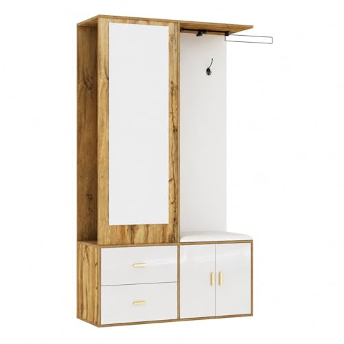 muenfly Ensemble d'armoire de Couloir - Miroir, Banc à Chaussures et Tringle à vêtements Extensible - Ensemble Moderne et Peu encombrant - en Bois Blanc