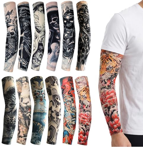 Qwrqwr 12 Pieces Tattoo Sleeves for Men Fake Tatoos Arm Sleeve Elastic Hip Hop Sun Block for Men Women
