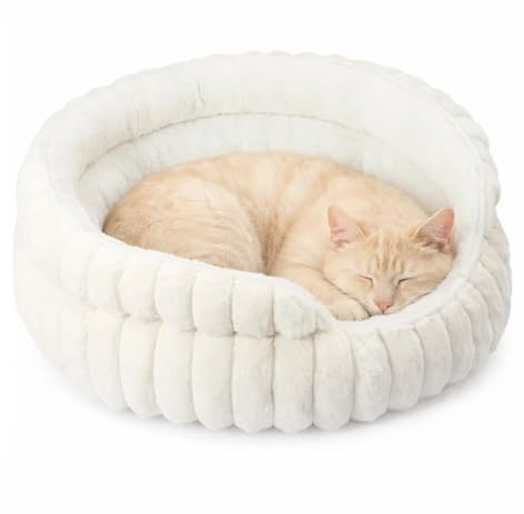 M.J COMFY-LIFE Cat Bed for Indoor Cats 49x49x19cm Warm Round Cat Cave Sofa Bed Small Dog Bed Washable Winter Kitten Bed with Slip-Resistant Bottom Cream Cushion Bedding Furniture