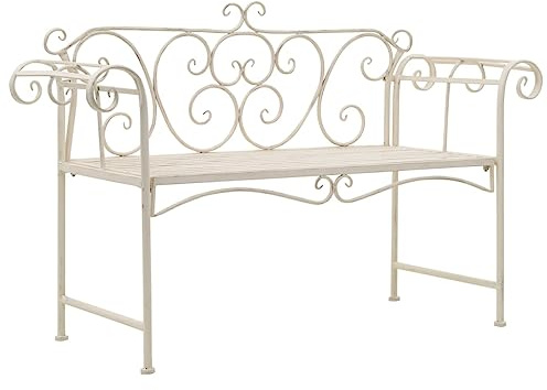HFXHIJXQ Gartenbank 132 cm Metall Antik Weiß, wetterfeste Parkbank mit Vintage-Details und 110 kg Tragkraft, platzsparende Sitzbank für Balkon, Terrasse und Garten