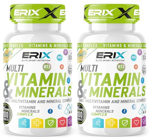 ERIX Nutricion Pack de 2 Multivitaminas y Minerales - Complejo Multivitamínico con Vitaminas A, B, C, D3, E, Zinc y Hierro - Suministro para 200 Días - Refuerzo Sistema Inmunitario y Energía