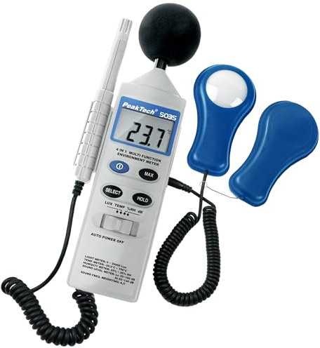 Peak Tech P 5035 – 4 in 1 Multifunktions Umweltmessgerät zur Messung von Schall, Temperatur, Luftfeuchtigkeit und Lux, Messer, Db Messung, LCD Anzeige, Typ K Sensor, batteriebetrieben - 250G