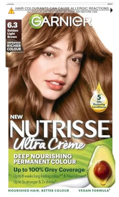 Garnier Nutrisse Ultra Crème Permanent Hair Dye, Up to 100% Grey Coverage, 8-weeks Long-Lasting Colour, No Ammonia, Vegan (Shade: 6.3 Golden Light Brown)