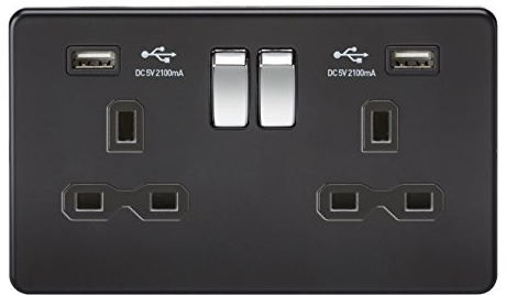 Knightsbridge SFR9902MB 13 A 2G Screw Less Matt Switched Socket with Chrome Rocker and Dual USB Charger, Black