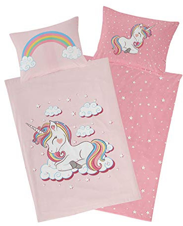 Aminata kids Bettwäsche Einhorn 100x135, 40x60 cm Mädchen Baumwolle rosa mit YKK Reißverschluss - Wende Kinderbettwäsche - Wende-Kinder-Bettwäsche-Set - Regenbogen, Rose - Einhorn-Motiv, Pferde