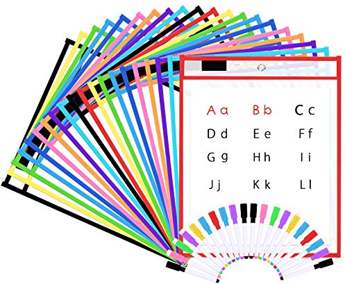 20 Pack Dry Erase Pockets, Opret Fundas Fichas de Papel de Gran Tamaño 25.5x33 cm / A4 con Bolígrafos, 10 Colores Diferentes, para la Organización en el Aula y Colegio, Guardería, Ludoteca