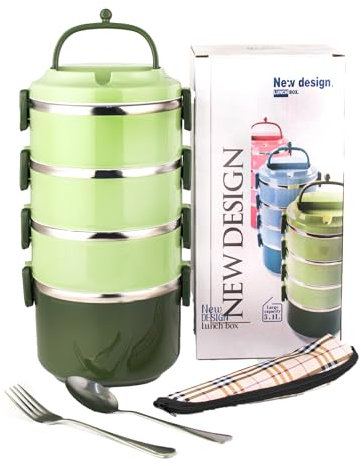 SANQIAHOME Stainless Steel Lunch Box, 2950ml Bento with Spoon Fork,Stackable 4 Layer, Compartments Leak Proof, for Adults Kids Students Office Microwave, Container Meal Prep Containe, Green