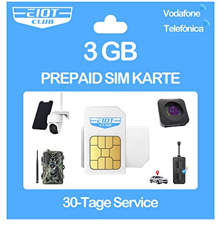 EIOTCLUB Tarjeta Prepago, Tarjeta Solo Datos Compatible con Red Vodafone, Orange y Telefónica , Para cámara 4G LTE, caza de cámara 4G, Routers y localizador GPS, sin contrato no hay número de teléfono