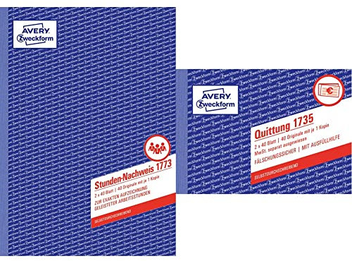 AVERY Zweckform 1773 Stunden-Nachweis (A4, selbstdurchschreibend) weiß/gelb & 1735 Quittungsblock (A6 quer, 2x40 Blatt, mit Durchschlag, fälschungssicher, separat ausgewiesene MwSt.) weiß/gelb
