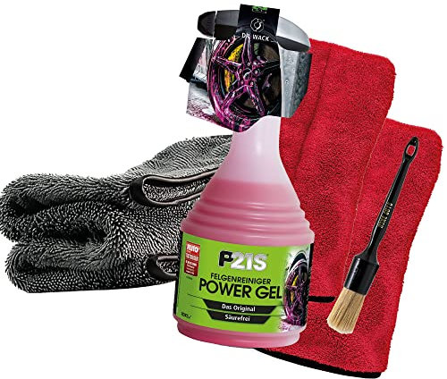 Felgenreinigungs Bundle: Dr. Wack P21S Felgen Reiniger POWER GEL 750ml + Nuke Guys Felgenpinsel + 2x Nuke Guys Präzisionshandschuh für Detailing Arbeiten + detailmate Trockentuch 1000GSM