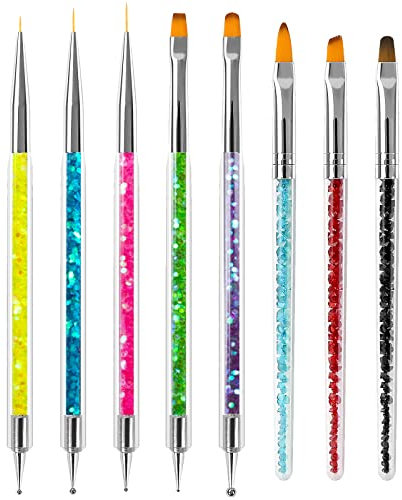 Sularpek Pennelli Unghie Gel, 8 Pezzi Penelli Unghie Professionali Set, Penne per Nail Art Attrezzi a Doppia Punta, con Manico con Strass e Setole in Nylon