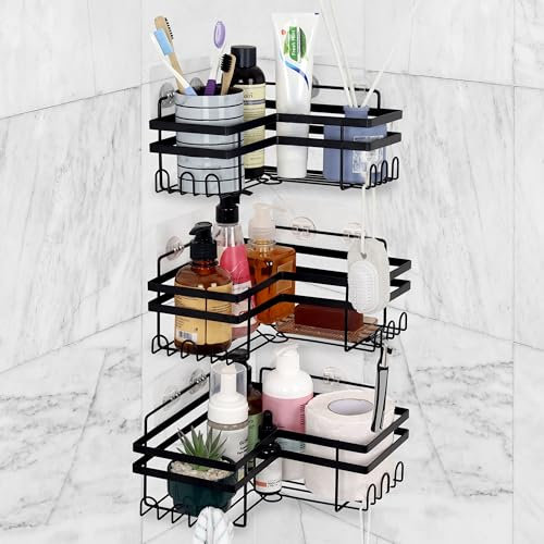 Belle Vous 3 Pezzi Mensola Angolare Doccia con Ganci - Set di Mensole Adesive da Bagno - Mensole Bagno Senza Foratura in Ferro per Sapone, Shampoo o Per la Cucina
