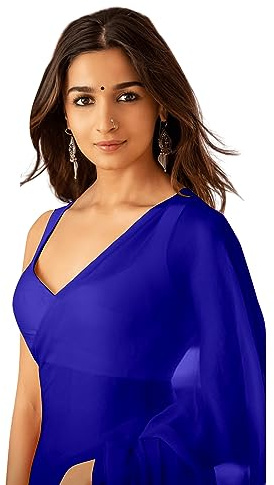 Sidhidata Sari uni en georgette pur avec chemisier non cousu (Rocky Aur Rani Ki Prem Kahani Alia Bhatt Saree), bleu royal, taille unique