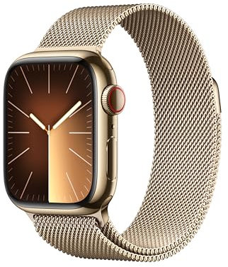 Apple Watch Series 9 (GPS + Cellular, 41 mm) Smartwatch mit Edelstahlgehäuse und Milanaise Armband in Gold. Fitnesstracker, Blutsauerstoff und EKG Apps, Always-On Retina Display, Wasserschutz