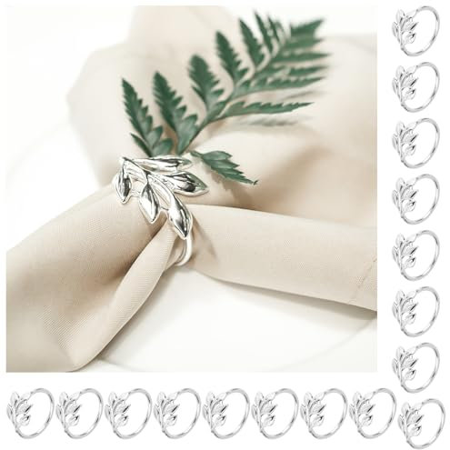 AILUYA Pack of 16 Napkin Rings Silver, Metal Napkin Buckles, Leaves Napkin Holder, Elegant Napkin Buckles, Napkin Rings for Thanksgiving, Wedding Party, Family Dinner, Easter, Table Decoration