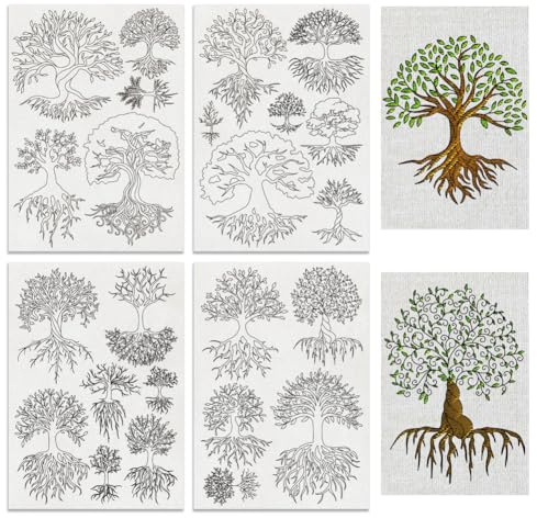 BENECREAT 4 fogli Fustelle di Albero, 12 pezzi con motivo a fiori fioriti, solubile in acqua, disegni di carta da ricamo con bastone e punto, kit per principianti fai da te, cucito e ricamo