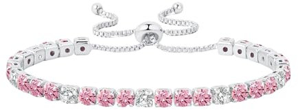 Pink Bracelet Sterling Silver Bracelets for Womens, Adjustable Birthstone Bracelet Women Pink Tennis Bracelets for Women Birthstone Jewellery Gifts for Her Mum