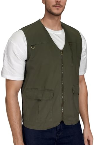 MeiLayM Gilet da Pesca da Uomo Casual Sport Giubbotto Leggero in Cotone Gilet Multi-Tasche Senza Maniche ad Asciugatura Rapida per Lavoro Safari Campeggio Verde Militare S