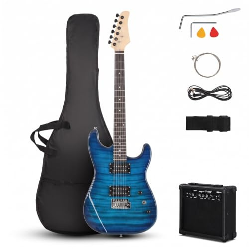 LALAHO Solid Body Electric Guitar Kit H-H Pickups for Beginners, Blue | Full Size Guitars Set, Includes 20W Amplifier, Bag, Tuner, for Students, Beginners & Professionals, Practice, Gig or Travel