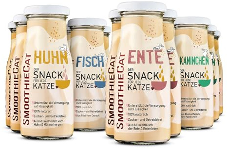 Katzen Smoothie SmoothieCat 12er Mix - je 3X: Huhn, Ente, Fisch, Kaninchen - Flüssignahrung für Katzen - Katzensuppe - Katzenmilch - Zucker- & glutenfrei - je 150ml