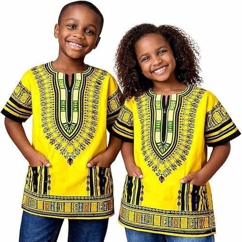 Adalex Global Dashiki African Kids Shirt Traditional Design, Authentic Clothes for Children Ethnic Patterns and African Print Boy Girl (UK, Age, 12 Years, 14 Years, Regular, Yellow Green)