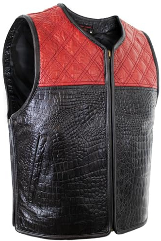 MDM Chaleco de piel para hombre, piel de vacuno, estampado de cocodrilo, negro/rojo, acolchado de rombos, extensible, negro y rojo, XL