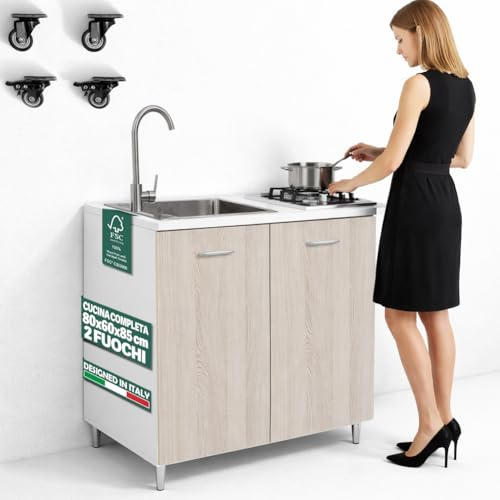Shally Dogan Sottolavello Cucina 80 x 60 x 85 cm completo di Piano Cottura a 2 Fuochi e Lavello in Acciaio Zincato 50 x 40 cm a sinistra, Rubinetteria Completa con Fontana e Accessori Inclusa (Olmo)