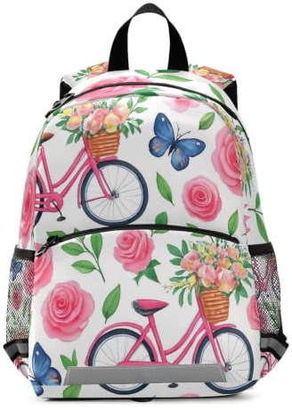 RPLIFE Förskola ryggsäck, cyklar korgar blommor barn skolväska | Lätta, andningsbara, barnryggsäckar med koppel, för 3-6 år