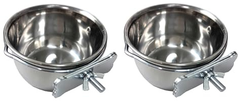 Lot of 2 Bird Parrot Cage Stainless Steel Seed Water Feeder Replacement 4-Inch Wide 2-Inch Deep Cups with Adjustable Cage Holders