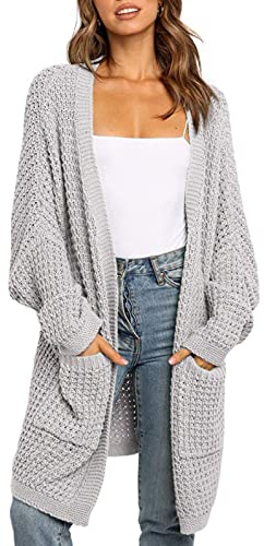 Maavoki Cardigan Long en Tricot pour Femme - Manches Longues - Cardigan décontracté - Manteau en Tricot pour Automne et extérieur avec Poche, Gris Z, L