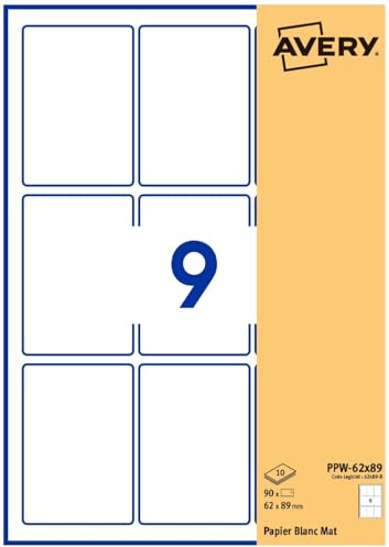 Avery - Packung mit 90 selbstklebenden Etiketten, rechteckig, weißes Papier, Format 62 x 89 mm, personalisierbar und bedruckbar mit Laser, Tintenstrahl und Kopierer (PPW-62X89.Fr)