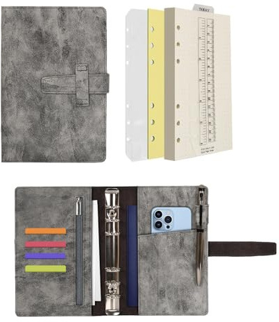 Wonderpool Diari Pelle 6 Raccoglitore ad Anelli Organizer per Cartelle con Carta Punteggiata, Quaderno Scrivere Ricaricabile e Copertina Multitasche per Viaggi di Lavoro e Studio (A6, Grigio)