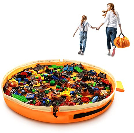 Toy Storage for Lego Play Mat Bag - Duplo Toy Organizer Storage Bag by Drawstring for Kids Tidy Toy with Lips can as Gift (Orange 47 inch)