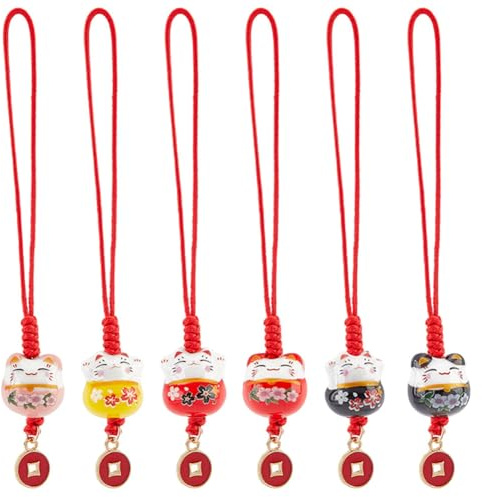 PH PandaHall 7pcs Lucky Cat Keychains Ceramic Beckoning Cat Charms Keyrings Pendant Maneki Neko Ornament Fortune Pendants Mobile Phone Pendant with Coins Alloy Pendants for New Year Christmas