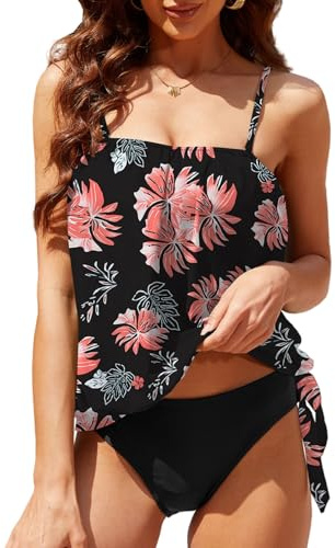 Yutdeng Women 2 Piece Bandeau Tankini Strapless Swimsuits Swim Tank Top with Shorts High Waisted Bottom Vintage Floral Bathing Suits Tummy Control Swimwear Ladies Swimming Costumes