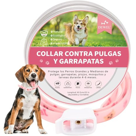 DEWEL Collar Antiparasitarios Perros, Collar contra Pulgas, Garrapatas, Mosquitos y Piojos, Collares Antipulgas para Perro y Gato 6-8 Meses Seguros y Ajustables 63.5cm Rosa