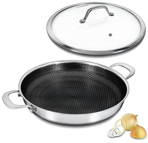Bakoniion Hybrid Nonstick Skillet with Lid 12 Inch, Stainless Steel Paella Pan with Two Handles Multi-Functional Pan Dishwasher and Oven Safe