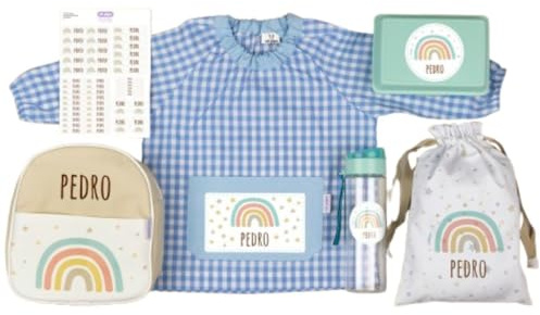 Mi Pipo - Pack Guarderia Personalizado - Arcoiris Soft Azul | Pack Vuelta al Cole Primaria con Todo lo Necesario | Personalizado con Nombre, Cómodo, 1-2 Años, Fácil de Lavar | Ideal Guardería, Colegio