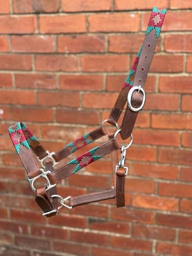 Leather Polo Headcollar, Handmade Embroidered Pattern, Brown with Adjustable Straps, Oil Pull-up Leather (Burgundy/Green, Full)