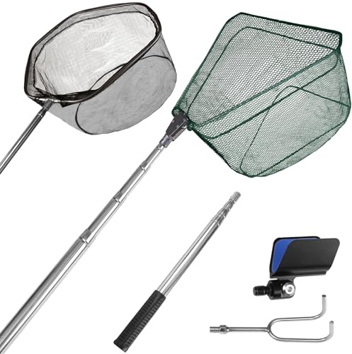 HEYOMART Fishing Landing Net, 4-in-1 Set with 2 Interchangeable Heads, Hook & Rest, Telescopic Foldable Collapsible Handle Extends to 1.55m/61, Fish & Bird Catch Release Coarse Fishing Accessories