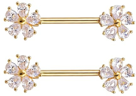 Josojoou 14G Flower Nipple Rings, 316L Surgical Steel CZ Sparkling Barbell Tongue Rings Set, 18K Gold Plated Nipple Piercing Barbell Ring Jewelry for Women Men