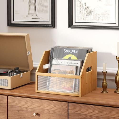 Bambu skivhållare – förvaring och display för vinylskivor, album, tidskrifter, böcker – mångsidig organisatör, 35,2 cm x 30 cm x 28 cm