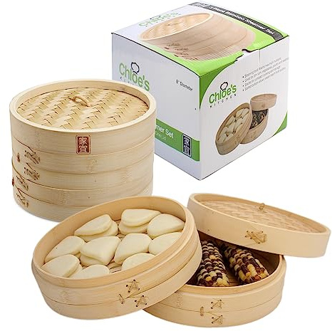 Zoie + Chloe Bamboo Steamer Basket - 2-Tier Dumpling Steamer for Cooking with 2 Reusable Cotton Liners for Bao, Dim Sum, Veggies, Asian Steamed Buns -Stackable, Space-Efficient - 8-Inch Steam Basket