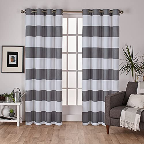 EXCLUSIVE HOME Surfside Cabana Stripe Cotton-Rich Grommet Top Light Filtering Curtain Panel Pair, 54x84, Black Pearl