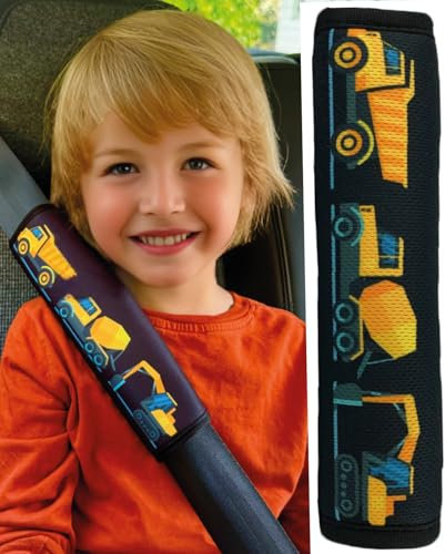HECKBO 1x Kinder Auto Gurtpolster Gurtschutz mit Baufahrzeuge Motiv - Sicherheitsgurt Polster für Kinder und Babys- Ideal für jeden Gurt Autositzerhöhungen Kinder Fahrradanhänger Flugzeug