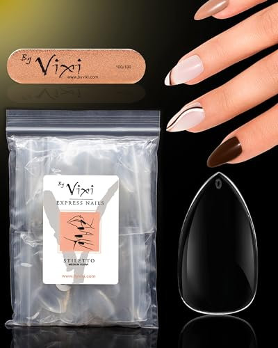 By Vixi 600 JEU DE ONGLES MOYEN STILETTO avec LIME À ONGLES, 10 tailles, faux ongles express à couverture complète transparente, salon professionnel et usage domestique